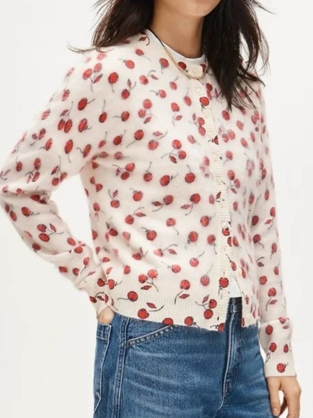 J. Crew Brushed Cashmere Cardigan Sweater Cherry Print